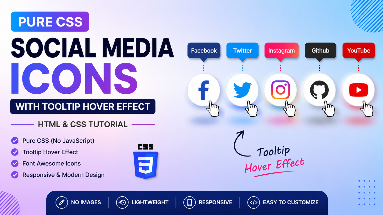Pure CSS social media icons with tooltip hover effect using HTML and CSS for Facebook, Twitter, Instagram, GitHub, and YouTube