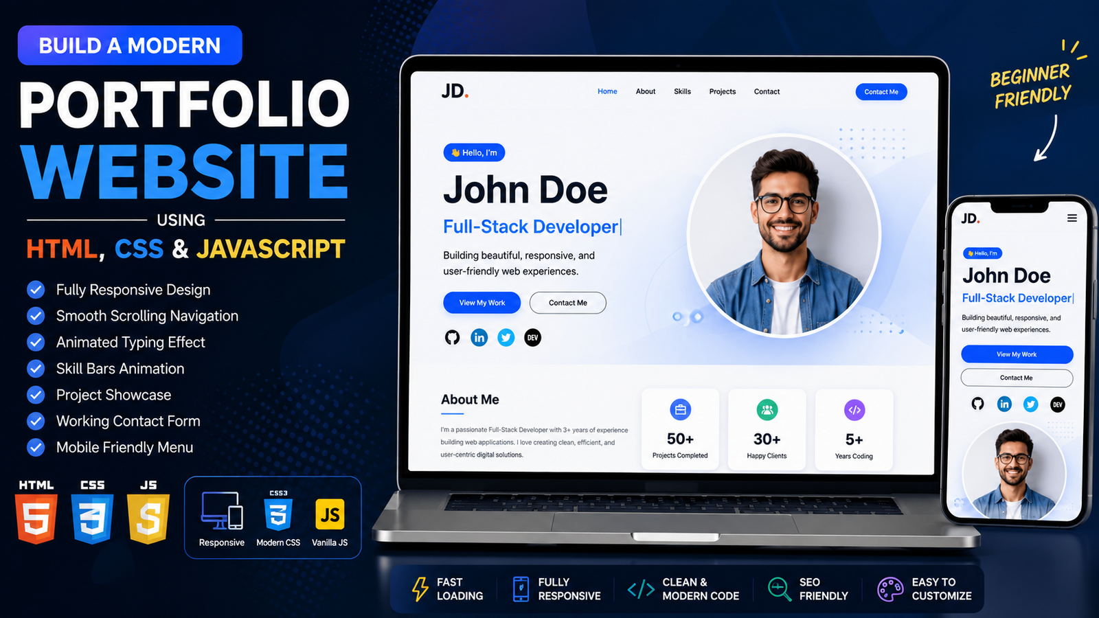 Modern responsive personal portfolio website built with HTML, CSS, and JavaScript featuring animated hero section, skills, projects, and contact form.