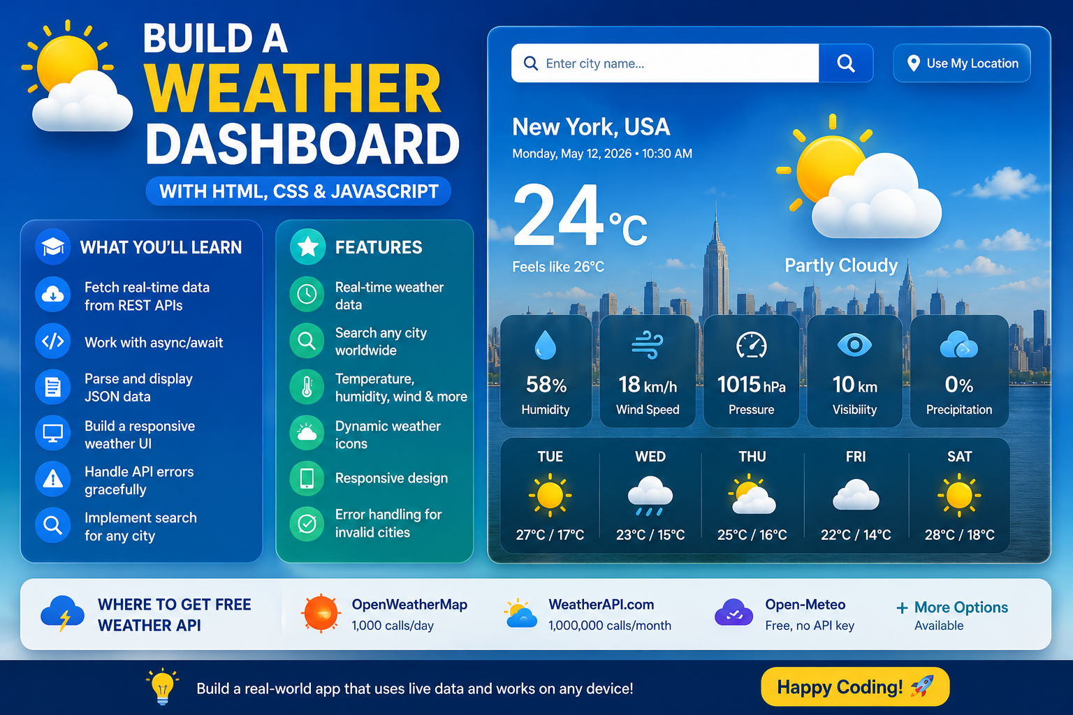 Step-by-step guide to building a live weather dashboard with HTML, CSS, and JavaScript — covering REST API calls, async/await, JSON parsing, geolocation, and graceful error handling.