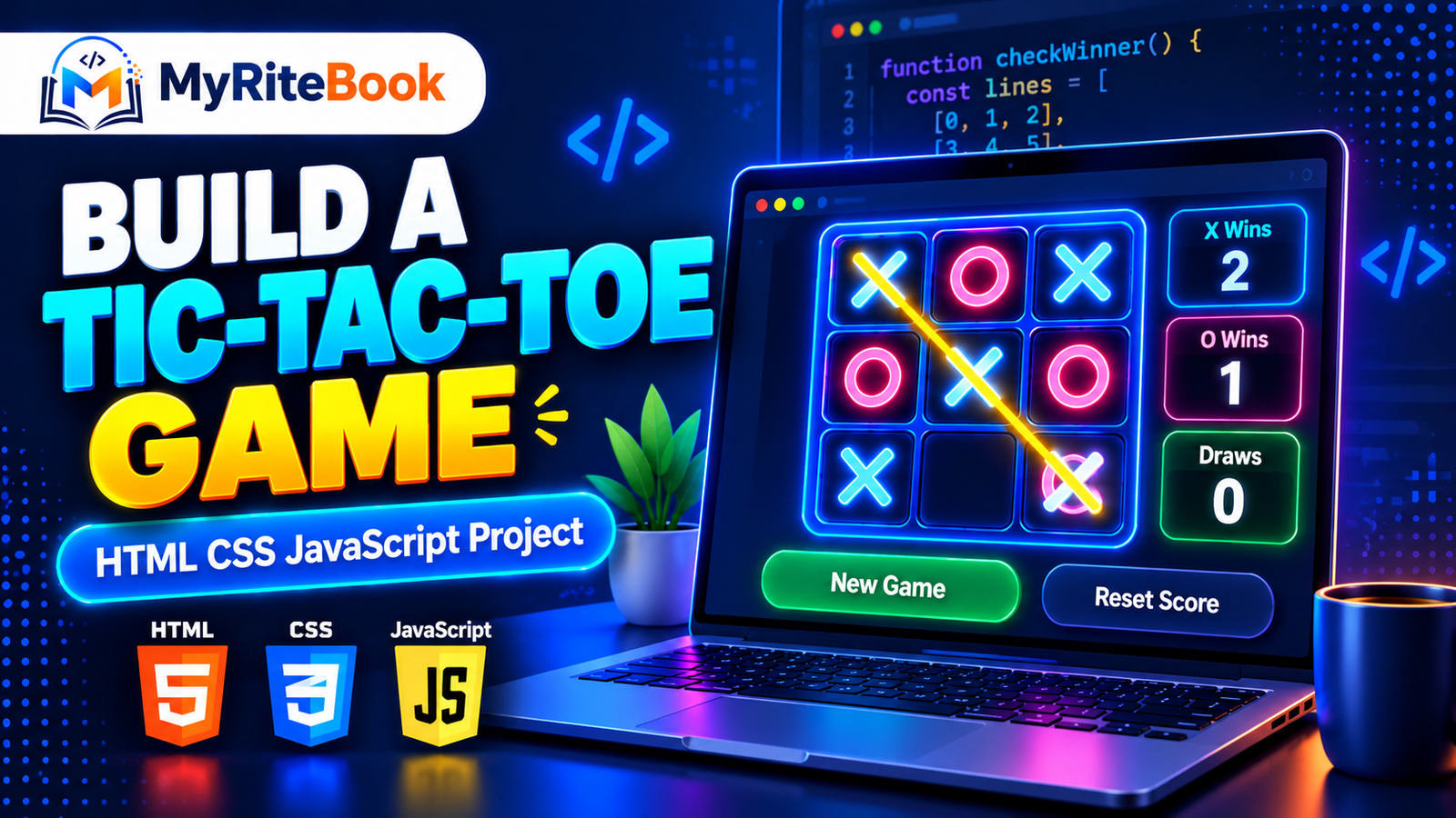 Tic-Tac-Toe Game project built with HTML, CSS and JavaScript showing a three by three Tic-Tac-Toe board with X and O marks, a highlighted winning line and a score board