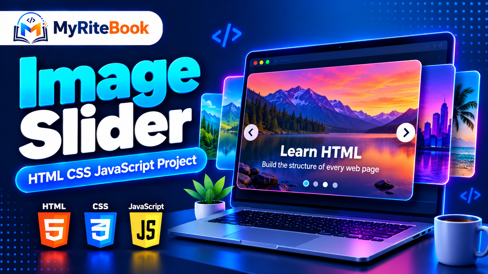 Responsive image slider carousel built with HTML, CSS and JavaScript showing colourful slides with previous and next arrows and navigation dots below
