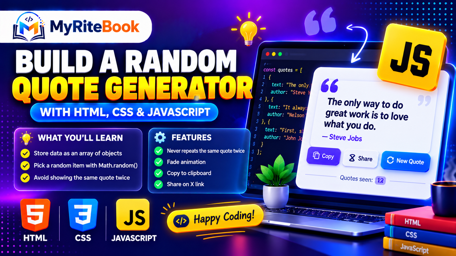 Random Quote Generator project built with HTML, CSS and JavaScript showing a large quote card with the quote text, author name and new quote, copy and share buttons