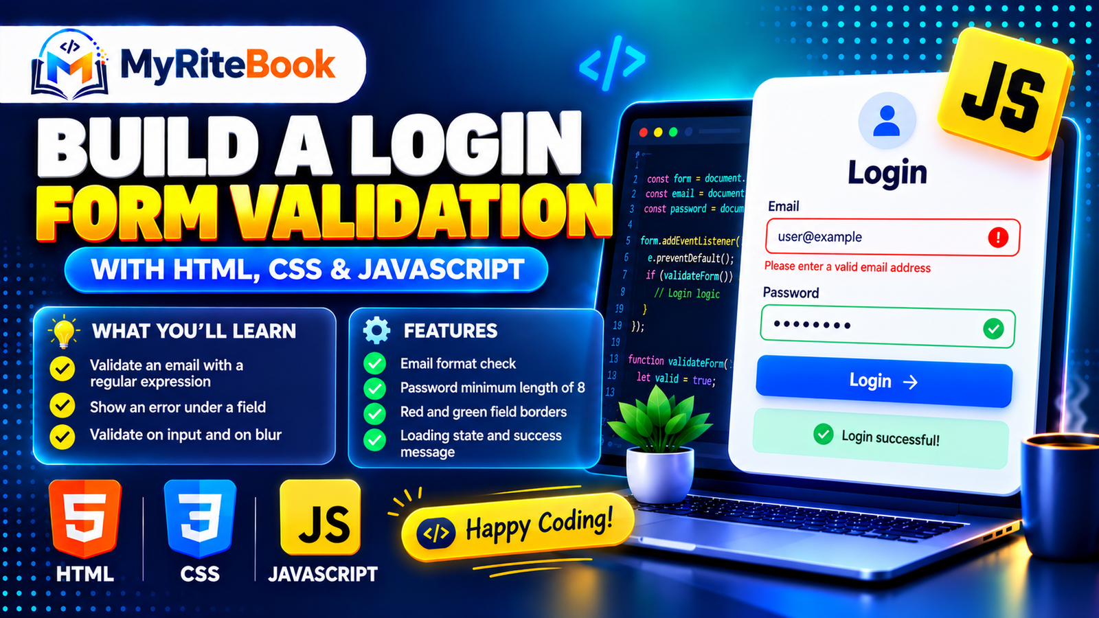 Login Form Validation project built with HTML, CSS and JavaScript showing a login card with email and password fields, a red error message and a sign-in button